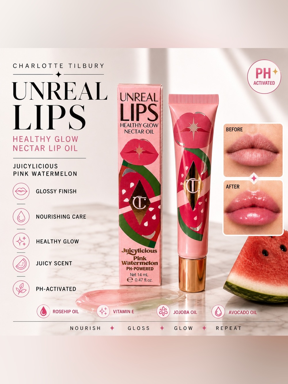 NIB! Charlotte Tilbury Unreal Lips Healthy Glow Nectar Oil - Pink Watermelon